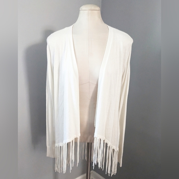MICHAEL Michael Kors Drape Front Fringe Cardigan Cream Tassels Knotted Large NWT - Picture 3 of 8